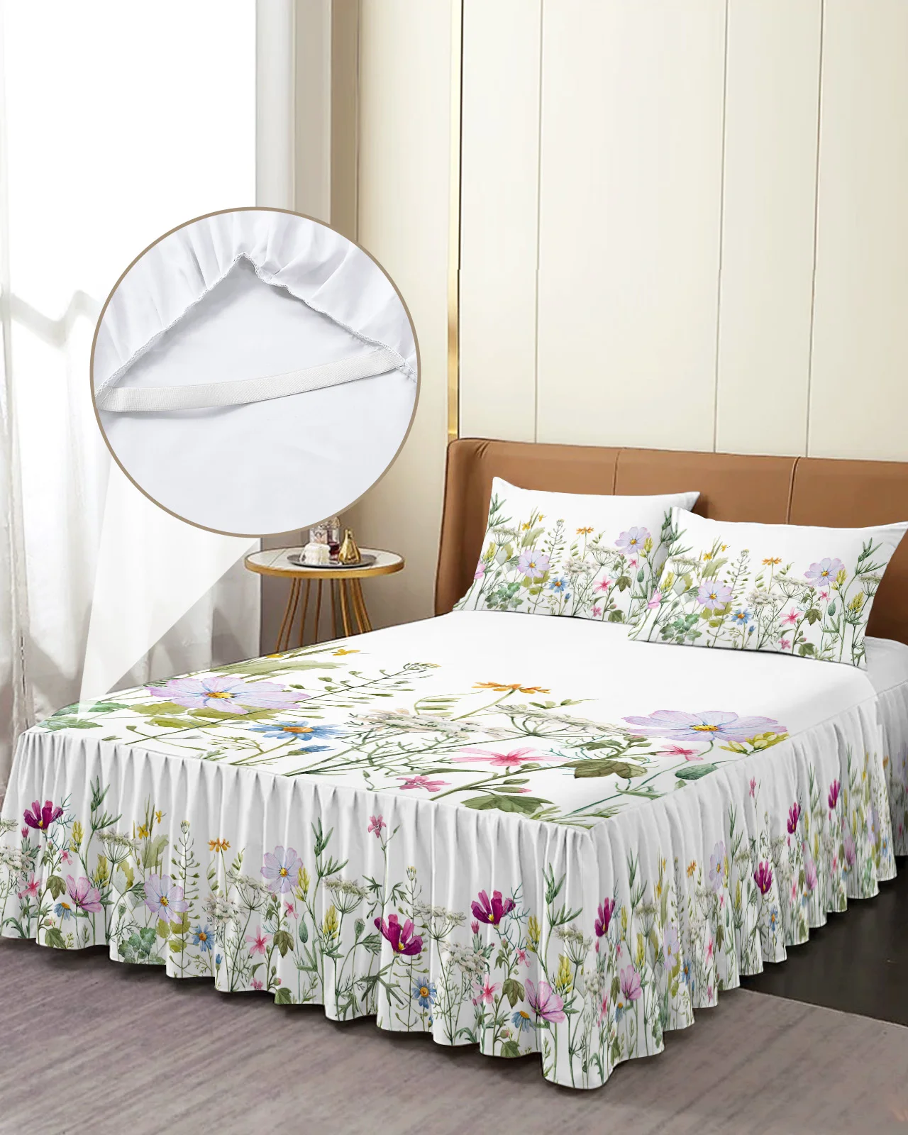 האביב פרח וניל פרח בר החצאית למיטה אלסטי מצויד בכיסוי מיטה עם כרית כיסוי מזרן סט מצעים מיטה זוגית