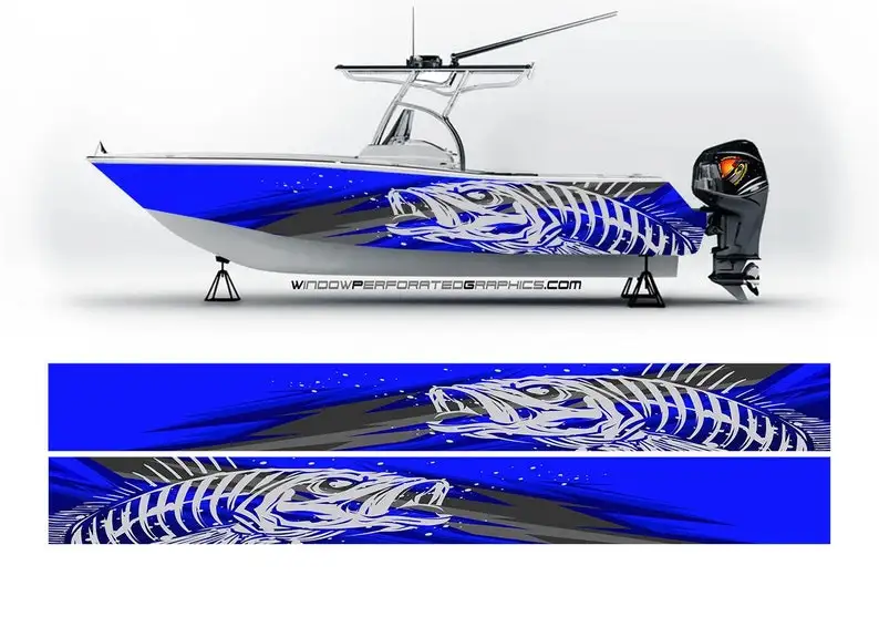 מופשט כחול Seabass גרפי הסירה ויניל גלישה דייג בס פונטון ספורטאי רישוי.