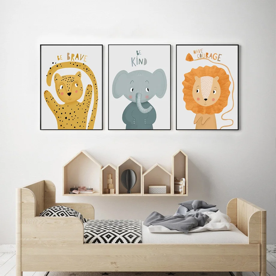 מצויר נמר פיל אריה משתלה אמנות קיר נייר, בד הציור נורדי פוסטרים, הדפסים הקיר תמונה התינוקת עיצוב חדר