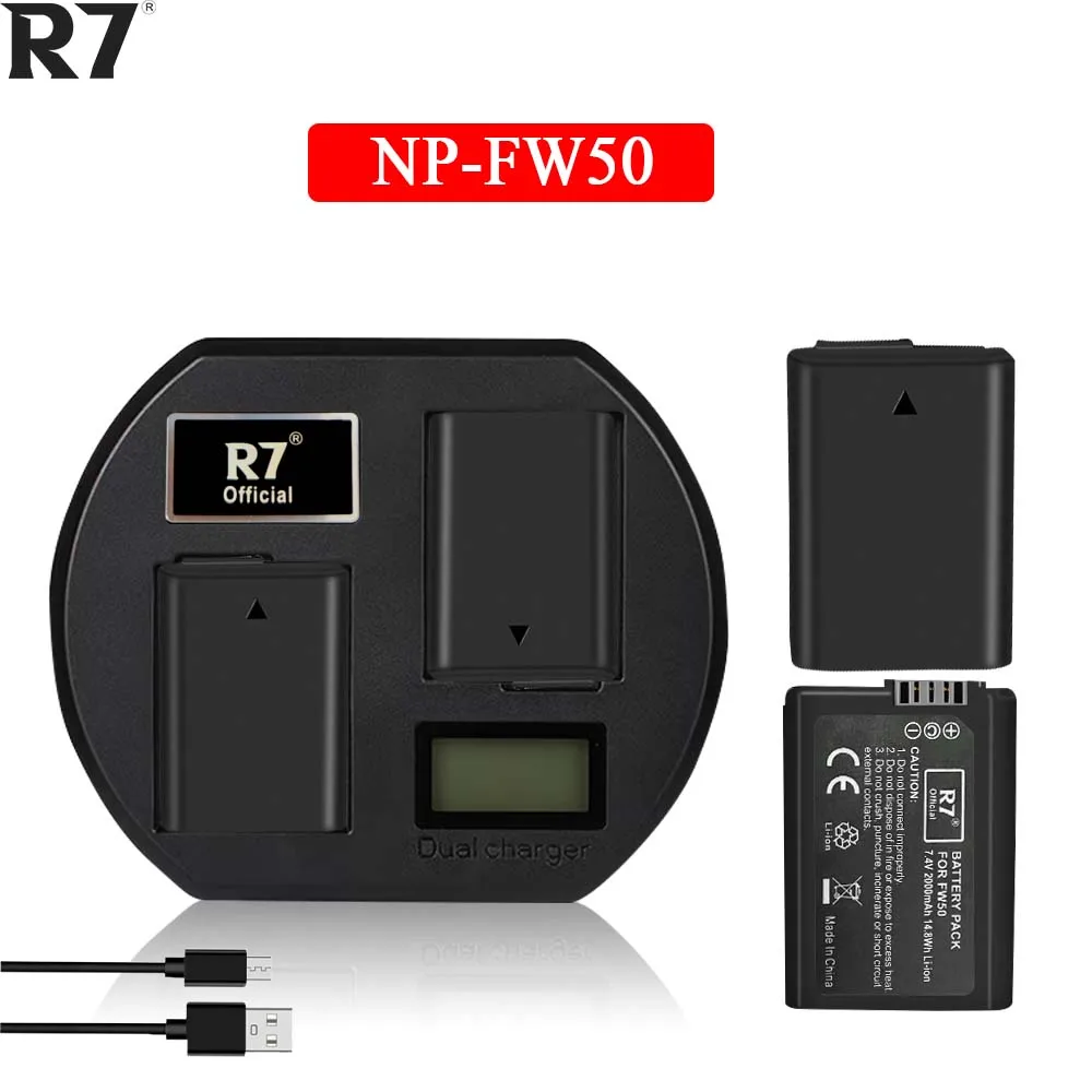 R7 מותג 2000mAh NP-FW50 NP FW50 סוללה+LCD USB כפול מטען עבור Sony A6000 A6400 A6300 A6500 A7 A7II A7RII A7SII A7S A7S2 A7R
