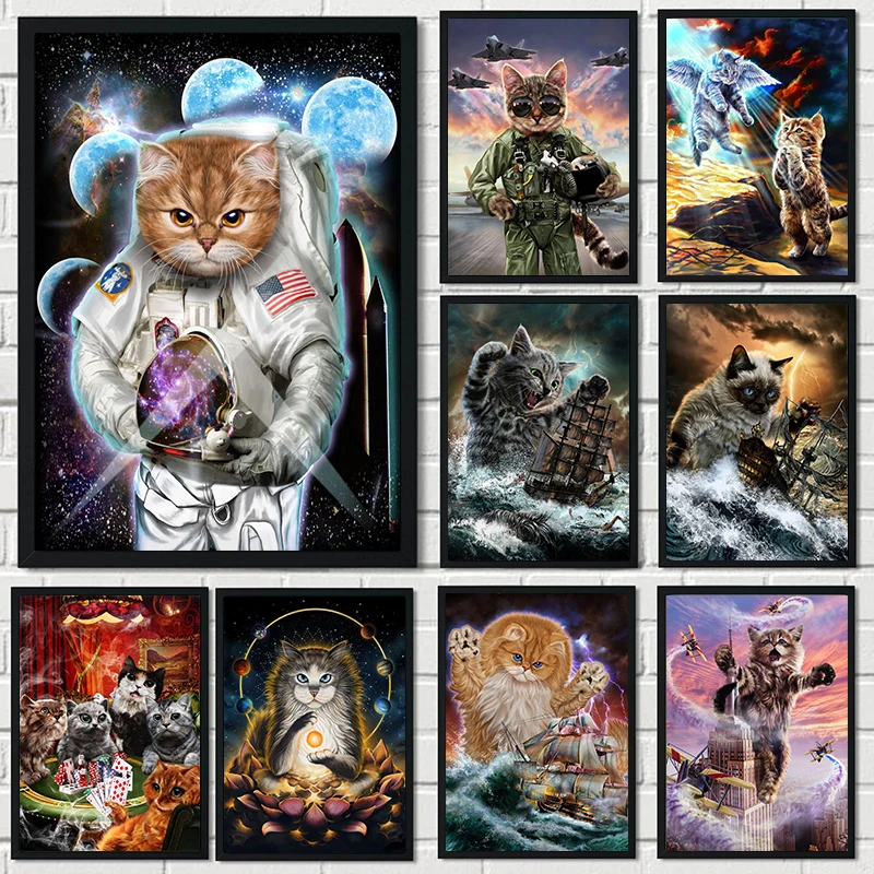 האסטרונאוט החתול בד ציור מופשט פוסטרים, הדפסים חתול משחק פוקר אמנות קיר תמונה Cuadros קישוט הבית עיצוב חדר