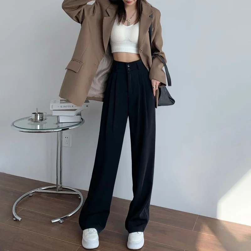 משרד העבודה מכנסיים נשים תחתיות רחב הרגל קוריאנית מכנסיים וינטג ' אופנת רחוב אופנה גבוהה בנות