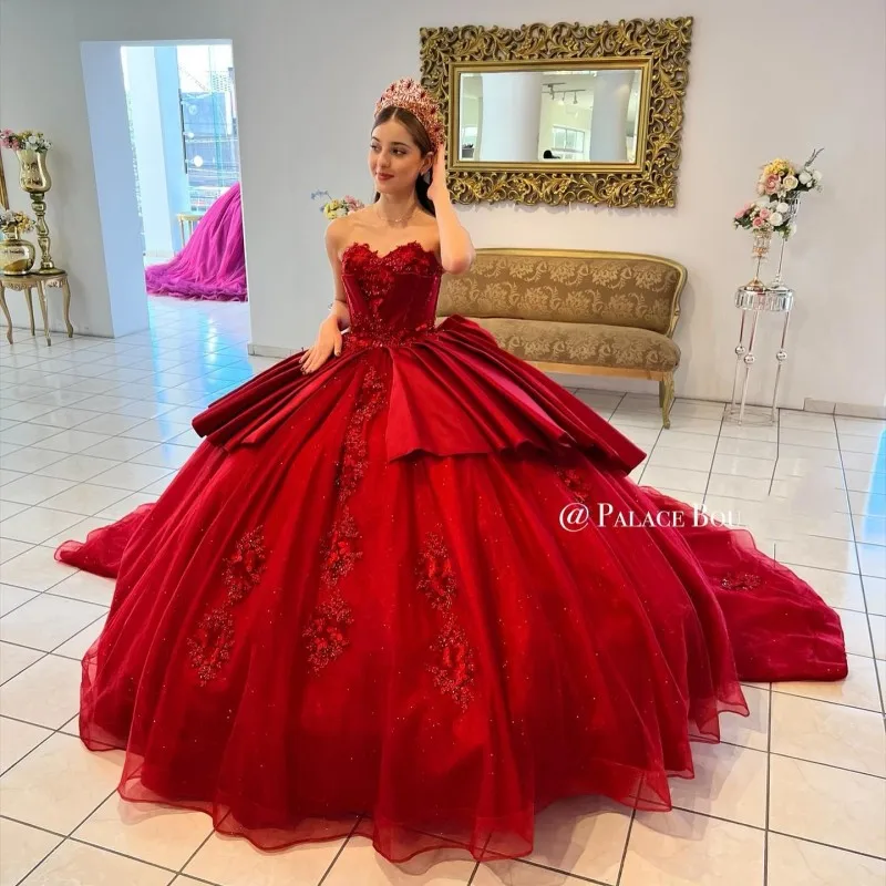 אדום מבריק 2023 הטקס שמלות מתוק חרוזים פרחוני את הכתף אפליקציה תחרה נסיכה בנות 15 16 מסיבת יום הולדת שמלות