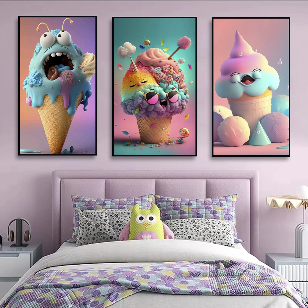קריקטורה מצחיק ורוד גלידה, המבורגר אמנות קיר הפוסטר הדפסי בד ציור תמונה לחדר קישוט הבית