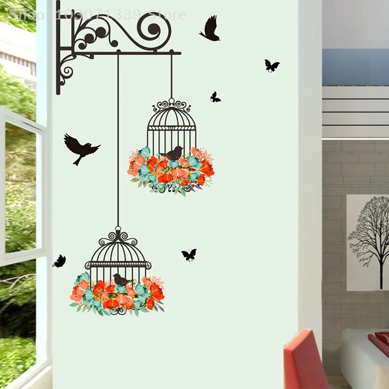 פרח צבעוני כלוב הציפורים עפו ציפורים קיר מדבקה יצירתיים לעיצוב הבית הסלון מדבקות טפט חדרי ילדים עיצוב חלון