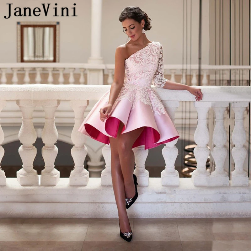 JaneVini 2019 אלגנטי קצר קוקטייל שמלות עם שרוולים כתף אחת לבן תחרה, אפליקציות רוכסן בחזרה מיני קו סאטן שמלות