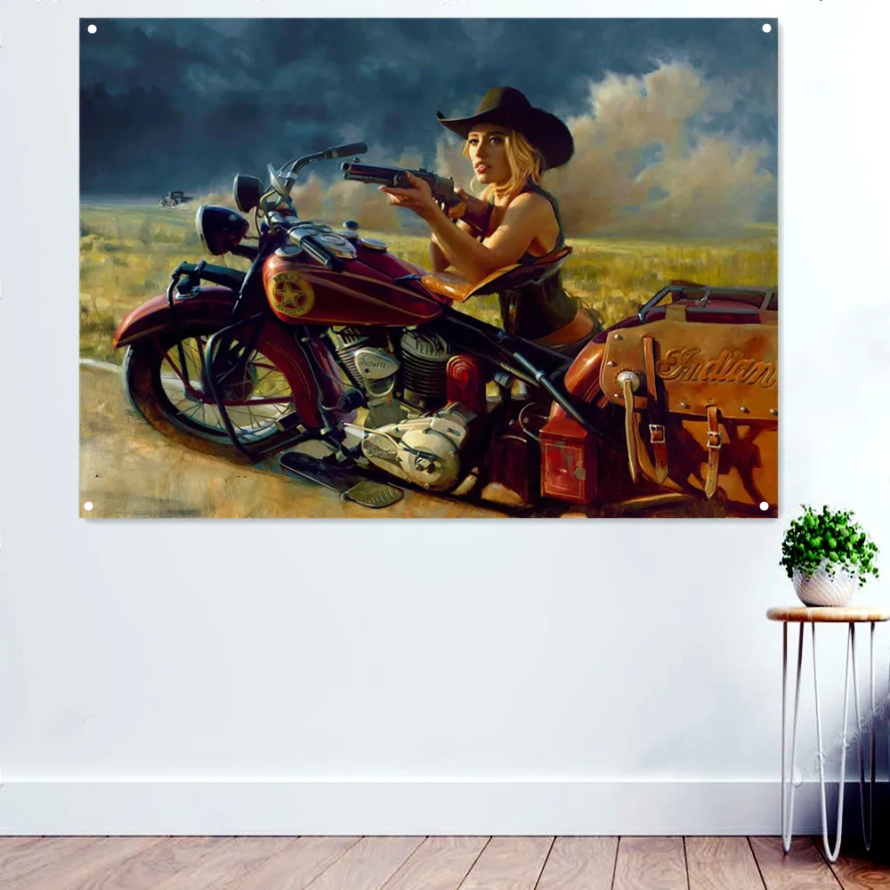 בוקרת רוכב אופנוע אמנות פוסטרים, הדפסי קיר תולה דגל קיר דקורטיבי באנר הביתה פאב מועדון בר חדר מוסך עיצוב
