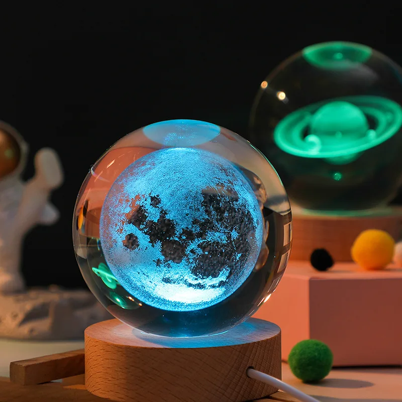 כדור הבדולח, בלילה אור קריסטל אסטרונאוט הארץ גלובוס 3D לייזר חרוט מערכת השמש כדור עם מגע מתג אור LED