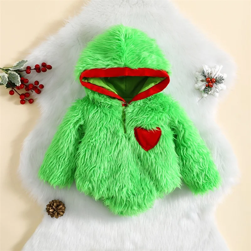 בייבי בנות בנים חג המולד עם ברדס רומפר ירוק שרוול ארוך הלב הדפסה פרווה רומפר