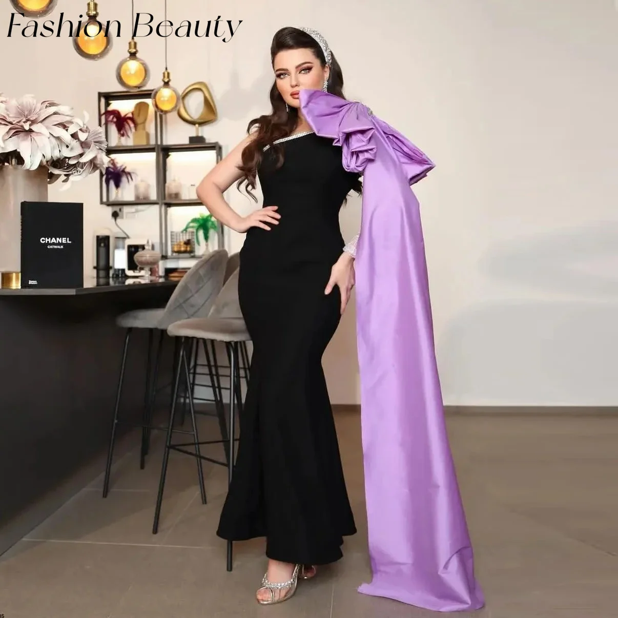 אופנה יופי סאטן שמלות ערב כתף אחת חרוזים נצנצים שרוול קרסול-אורך נדן רשמית מפלגה שמלת לנשים 2024