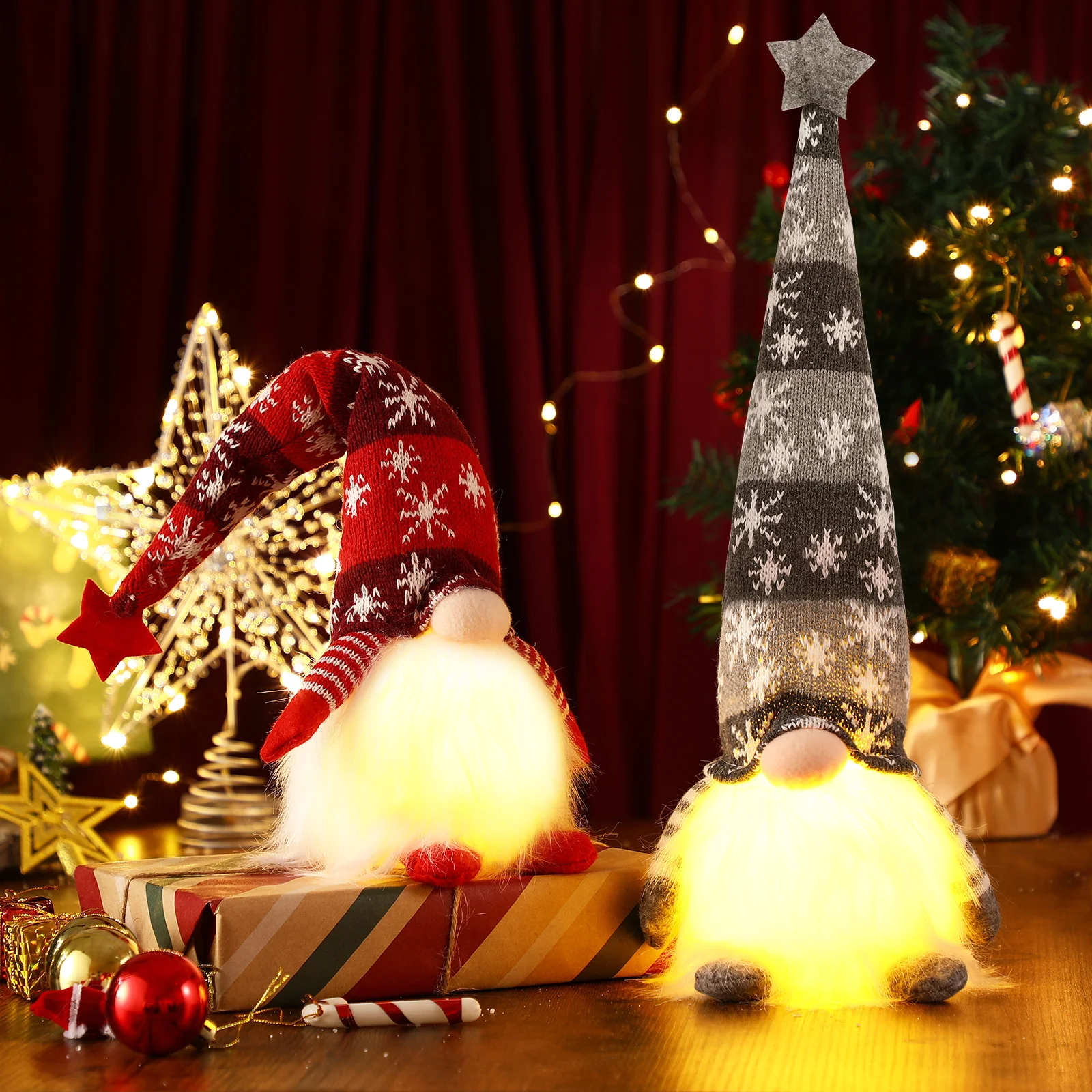 מתנת חג המולד הוביל פנים Gnome להבין קישוט קטיפה בובות עץ עם אור