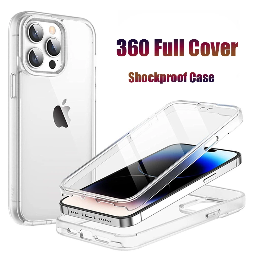 360 הגנה מלאה Shockproof שקוף מקרה טלפון עבור iPhone 15 14 11 12 13 Pro מקס דו צדדי סיליקון TPU מחשב הכיסוי האחורי.