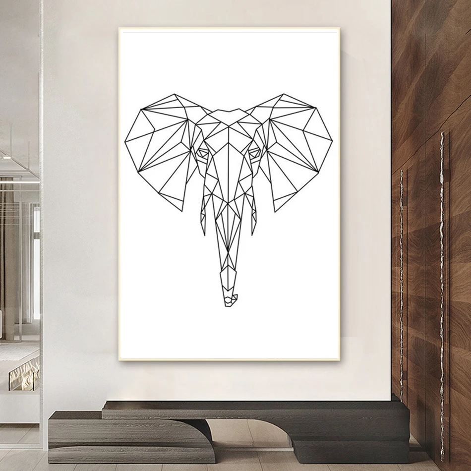 תקציר להדפיס בעלי החיים בד ציור גיאומטרי פיל אמנות קיר בשחור-לבן, כרזות הביתה דקורטיביים בסלון תמונות