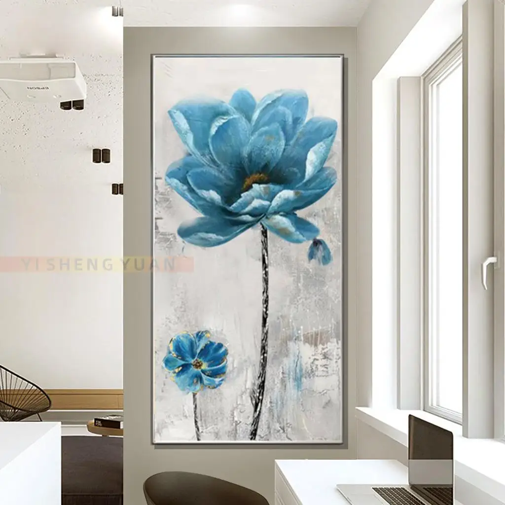 פרח כחול הקיר בד הביתה אמנות היד התמונה המודרנית בד יצירות אמנות עבור חדר לימוד ממוסגרים באיכות גבוהה פרח אמנות הציור