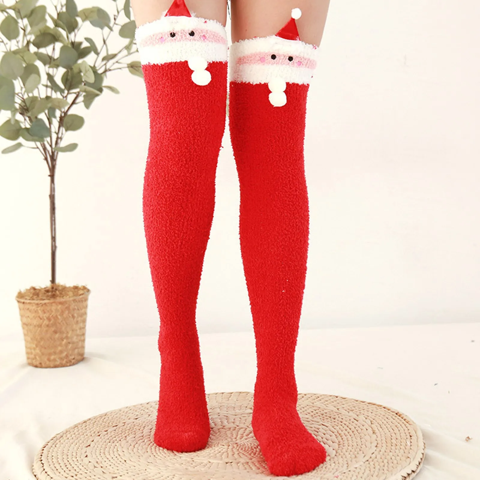 החורף קורל פליז גרביים נשים פאזי מעל הברך קריקטורה הירך גבוהה חג המולד, גרביים גבוהות חותלות רכות חם גרביים גרביים