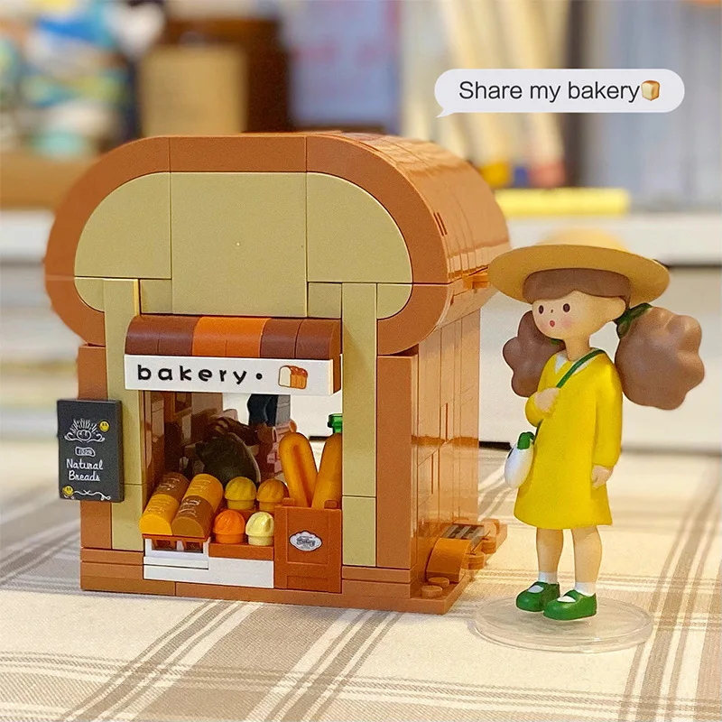 החיים בעיר Street View לחם, עוגה, חלב, מיץ חנות 3D דגם יהלום בניין לבנים יצירתי הרכבת צעצוע לילדים