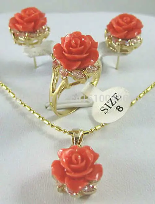 מכירה חמה יפה צלחת זהב ורד קורל פרח תליון עגיל טבעת סט
