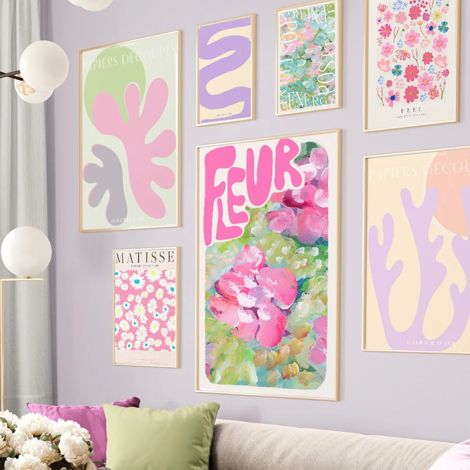מאטיס פרחים בצבעי פסטל ורוד אסתטי Y2K קיר אמנות בד הציור נורדי פוסטרים, הדפסת תמונות קיר הסלון עיצוב