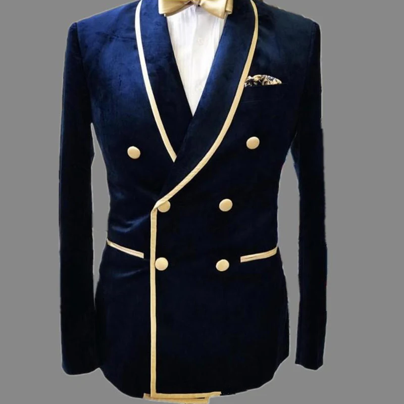 2 יצירה של חיל הים קטיפה מזדמנים גברים עם חליפות כפול עם חזה Slim fit זהב מנגינה החתונה האיש טוקסידו אופנה החתן בגדים 2023