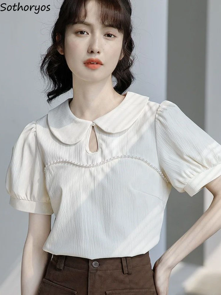 חולצות נשים חור פרל אלגנטי בציר יצירתיות פשוטה כל-התאמת סגנון קוריאני מקסים טהור היומי האביב אטרקטיבי נוחות