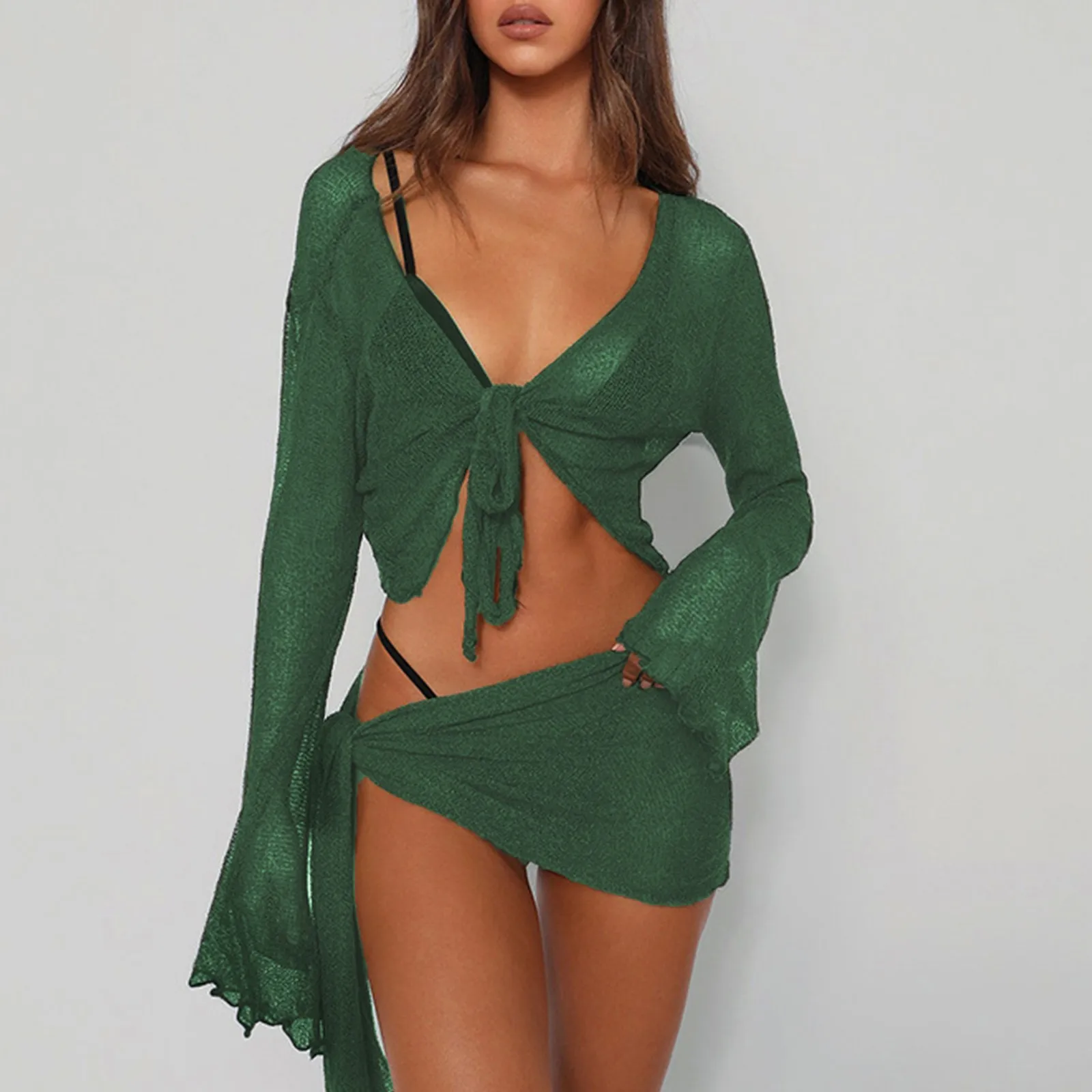 קיץ ירוק סקסי חוף שמלת שני חלקים קבוצות נשים תלבושות 2024 לראות דרך שרוול ארוך העליון, חצאית מיני סטי התאמת