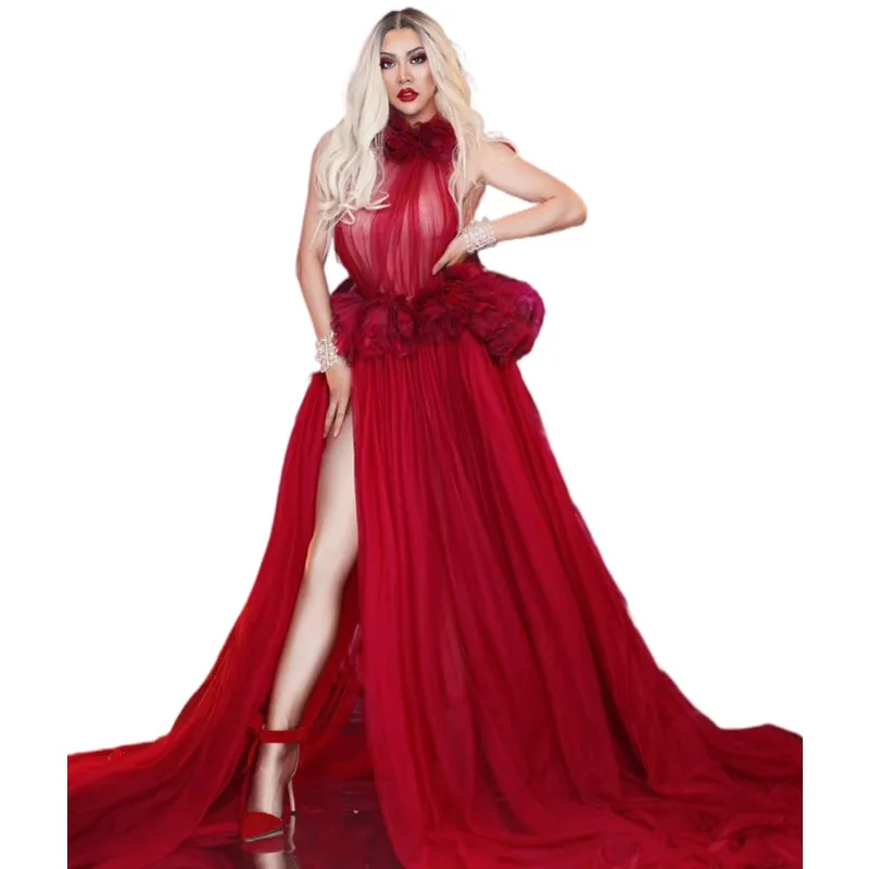 סקסי אדום קפלים לראות דרך חתונה שמלת מסיבת בנות אפסר לנשף נגרר שמלות נשים על הבמה ללבוש שמלת ערב