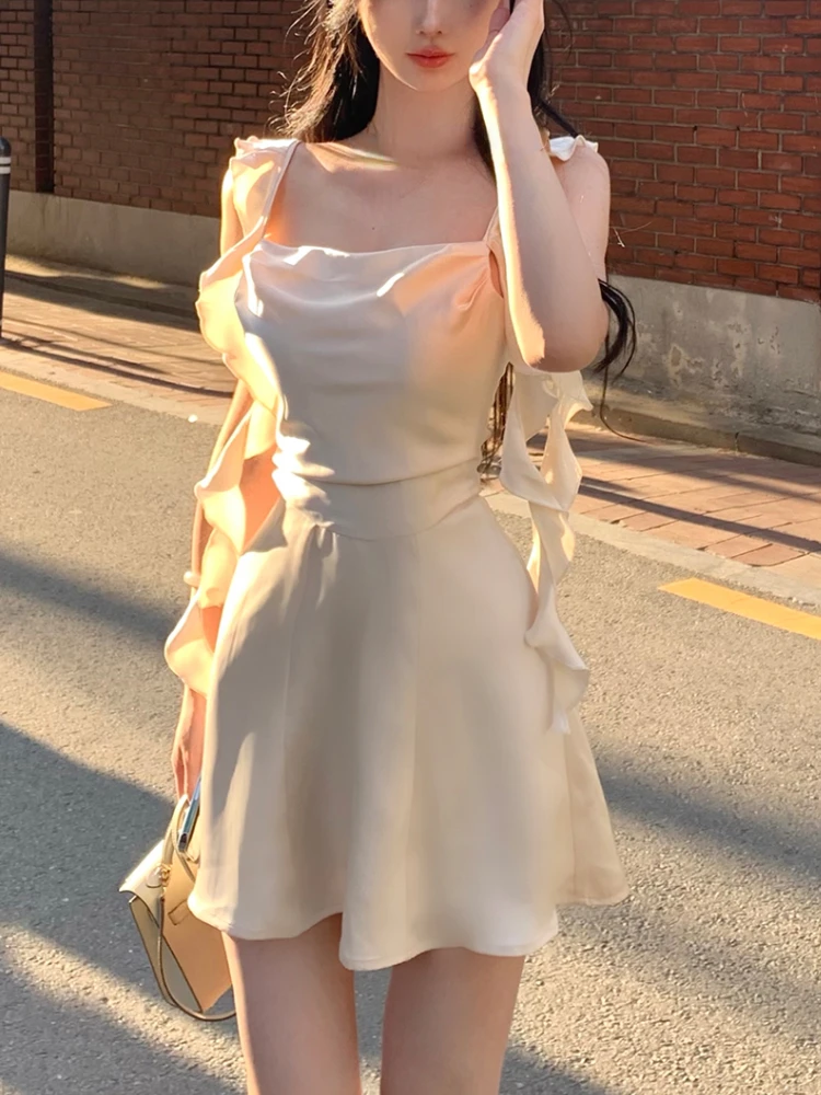 המפלגה אלגנטי Y2k מיני כתם השמלה נשים ללא שרוולים פיה, רצועה השמלה משרד ליידי בציר חתיכה אחת שמלה קוריאנית 2023 הקיץ