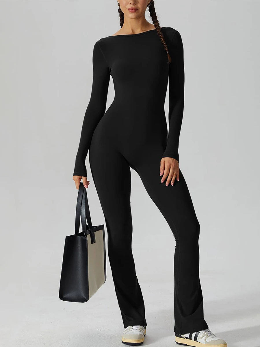 חדש אופנה נשים הזיקוק הרגל Rompers שרוול ארוך פתוח בגב מוצק צבע סרבל מכנסיים Playsuit אופנת רחוב העור ידידותי S-XL