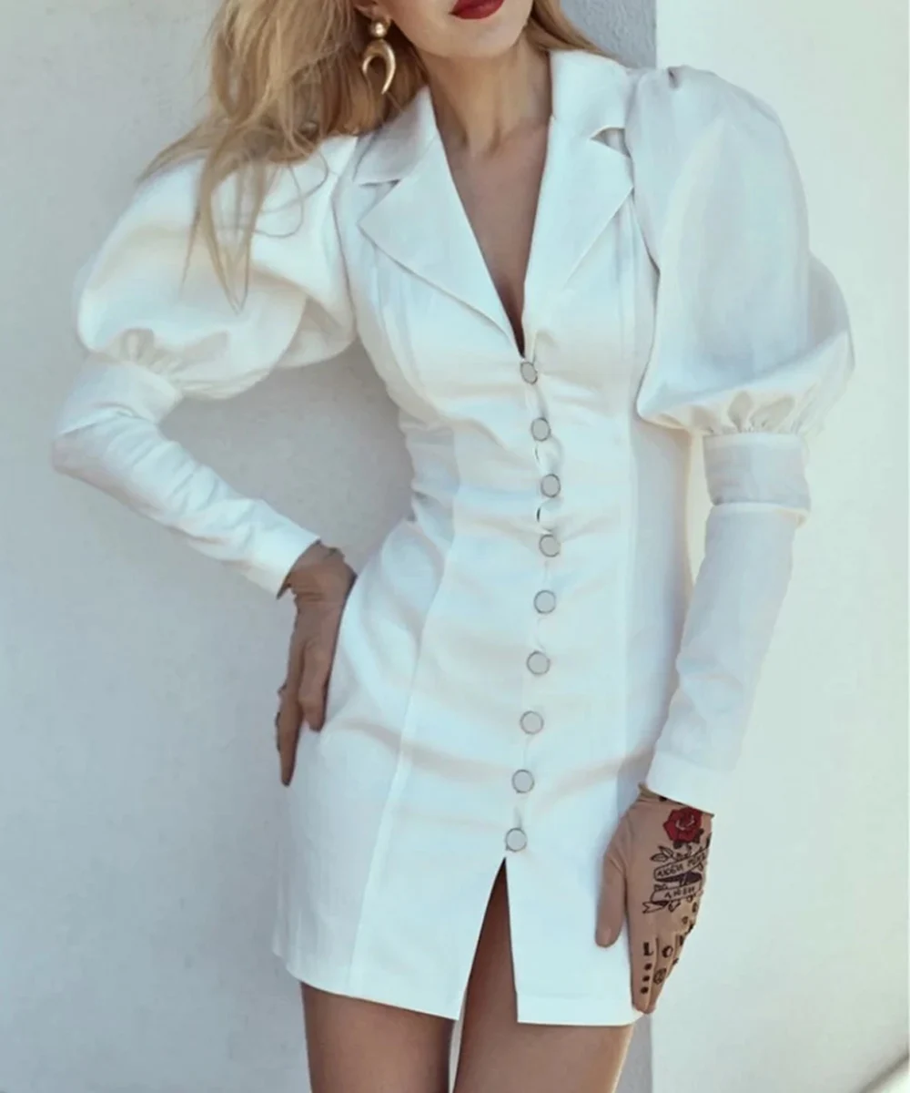 2023 אלגנטי נשים OL שמלה לבנה Za אביב סתיו וינטג ' ארמון בסגנון שמלות פאף שרוול V-צוואר יחיד עם חזה מיני Vestidos