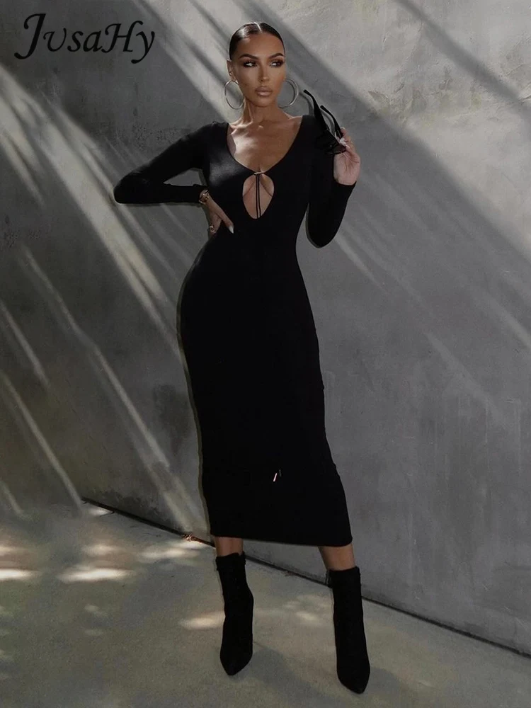 JusaHy נשים השחור החדש סקסי שמלת טלאים V-צוואר שמלה ארוכה המותניים שמלות מקסי שרוול ארוך דק החלוק Partywear גבוהה אופנת רחוב