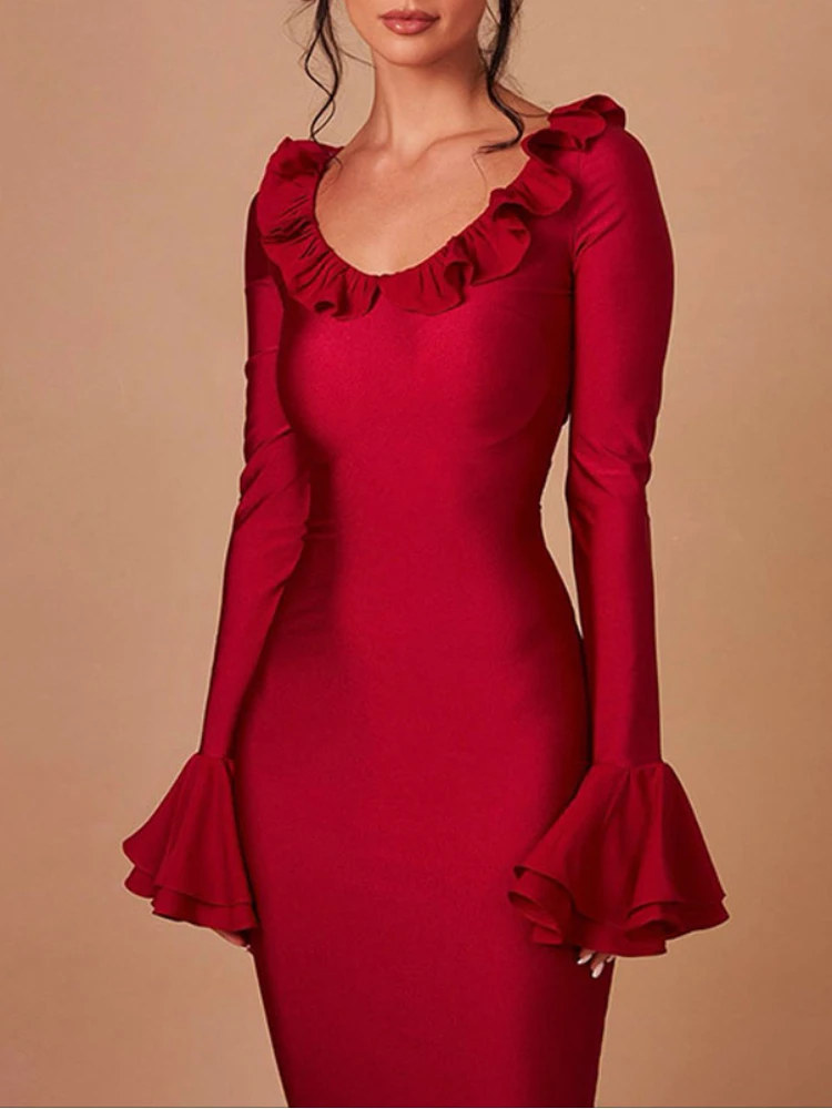 אדום חתך נמוך התלקח שרוול פרע שמלת Bodycon צוואר V קו Midi Vestidos 2023 החורף משתה ערב המסיבה של גברת חלוקים
