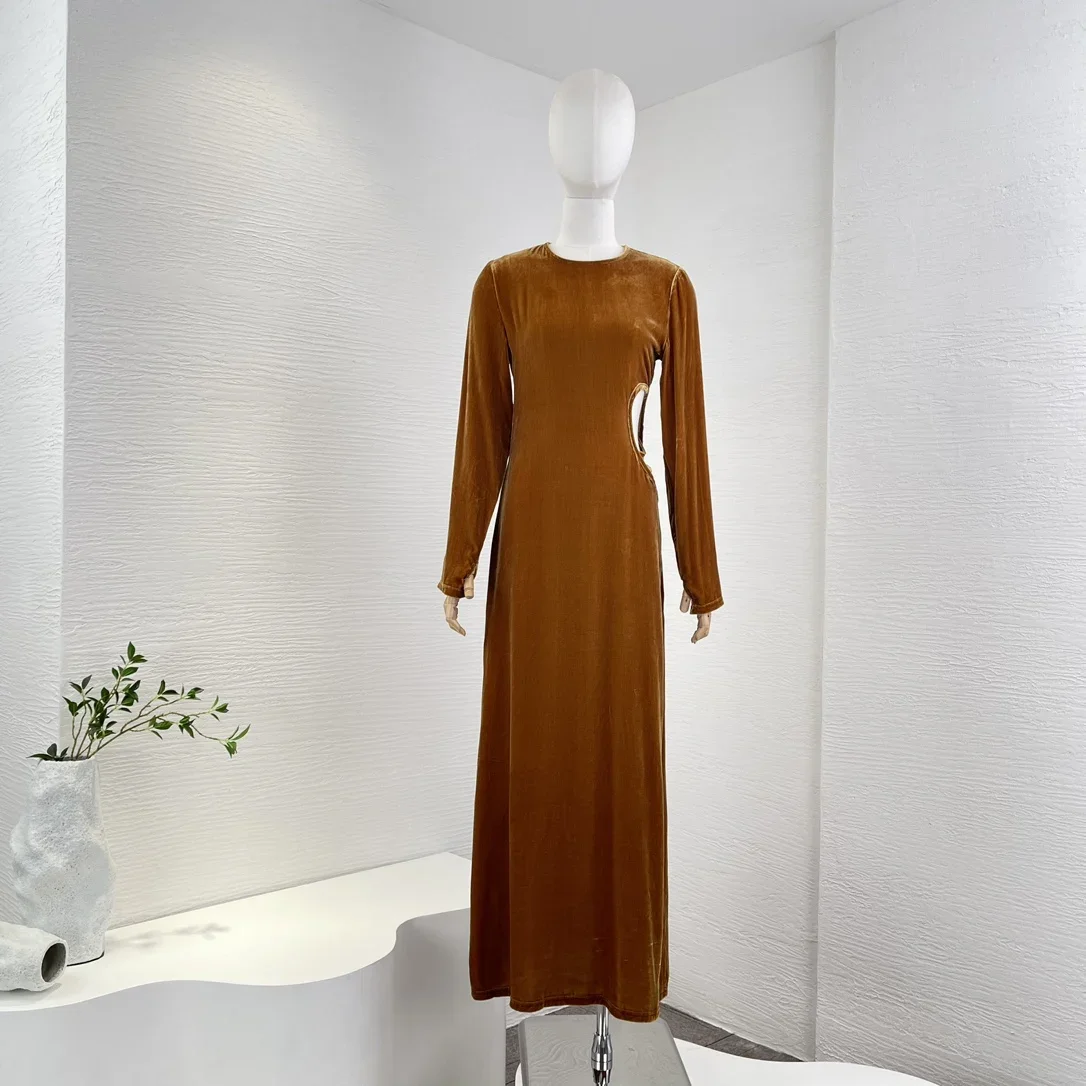אוסף חדש בציר מוצק שרוול ארוך O-צוואר המותניים בנוי באיכות גבוהה נשים מזדמנים Midi שמלה