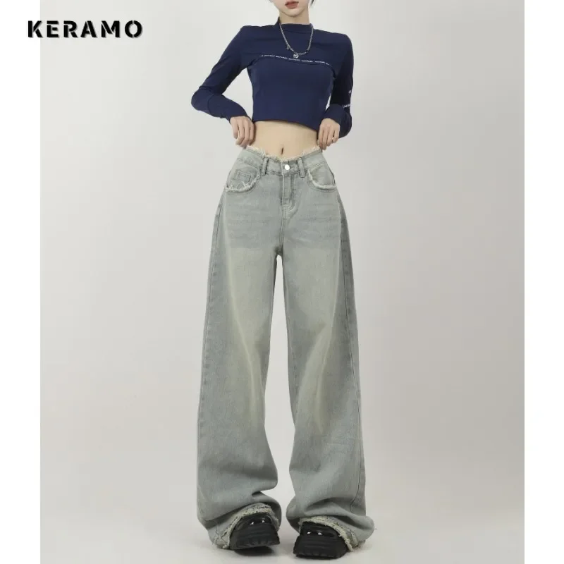 בציר מזדמן כחול ג 'ינס ישר קוריאני אופנה גבוהה המותניים רחוב בסגנון מכנסי נשים רחבים הרגל באגי Y2K מכנסי ג' ינס