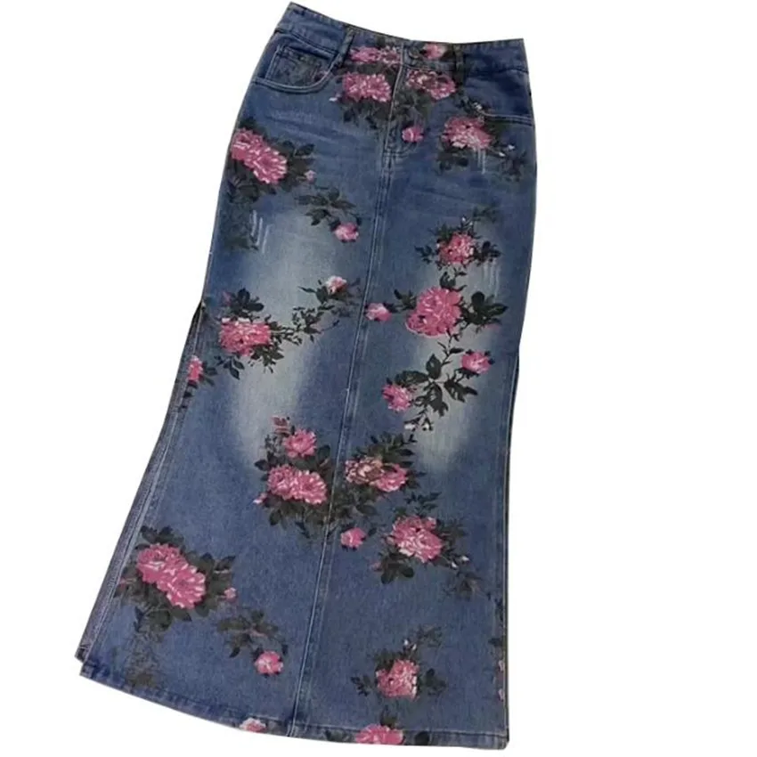 רטרו מודפס אביב קיץ ארוך ג ' ינס חצאיות נשים גבוהה המותניים רזה פיצול קו-חבילת היפ
