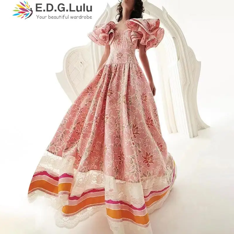 EDGLuLu האופנה צווארון יוקרה שמלות ערב לנשים 2023 רטרו פרחוני הדפסה טלאי על טלאי תחרה חופשי שמלה ארוכה 0114
