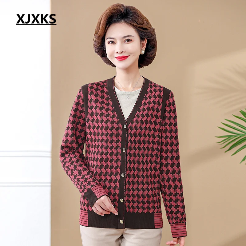 XJXKS 2023 הסתיו-חורף החדש באיכות גבוהה צמר הסוודר של נשים חד-שולי המעיל אופנה משובצת סרוגים ' קט