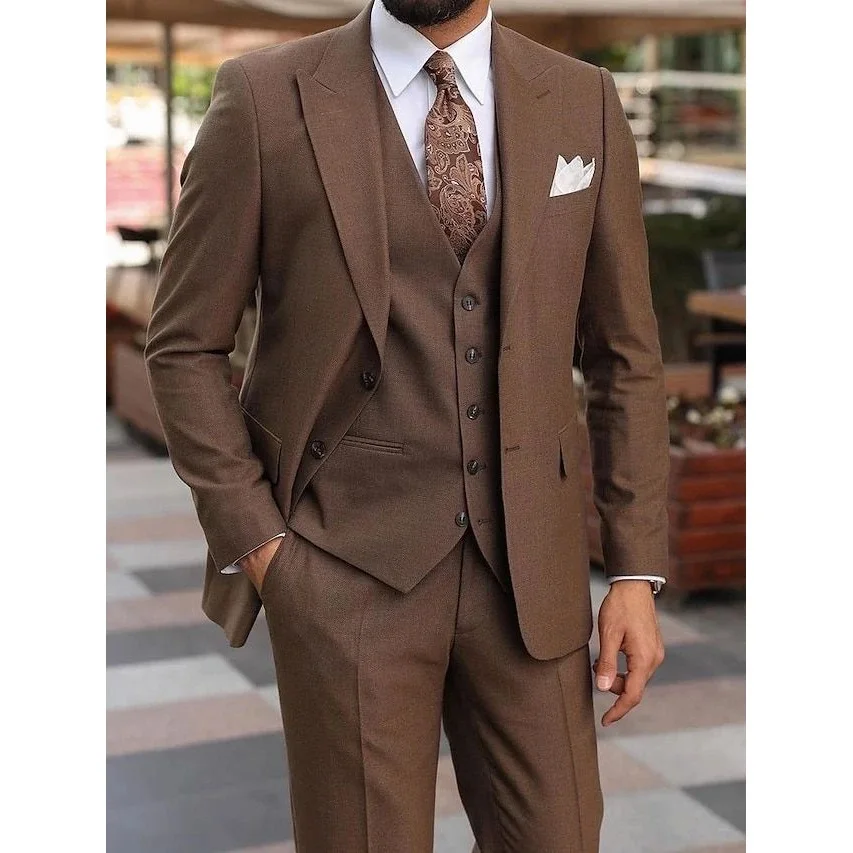 בראון חליפות גברים Slim Fit מסיבת חתונה 2 חתיכות רשמית שיא דש הז ' קט+מכנסיים חליפות עסקים תחפושת Homme