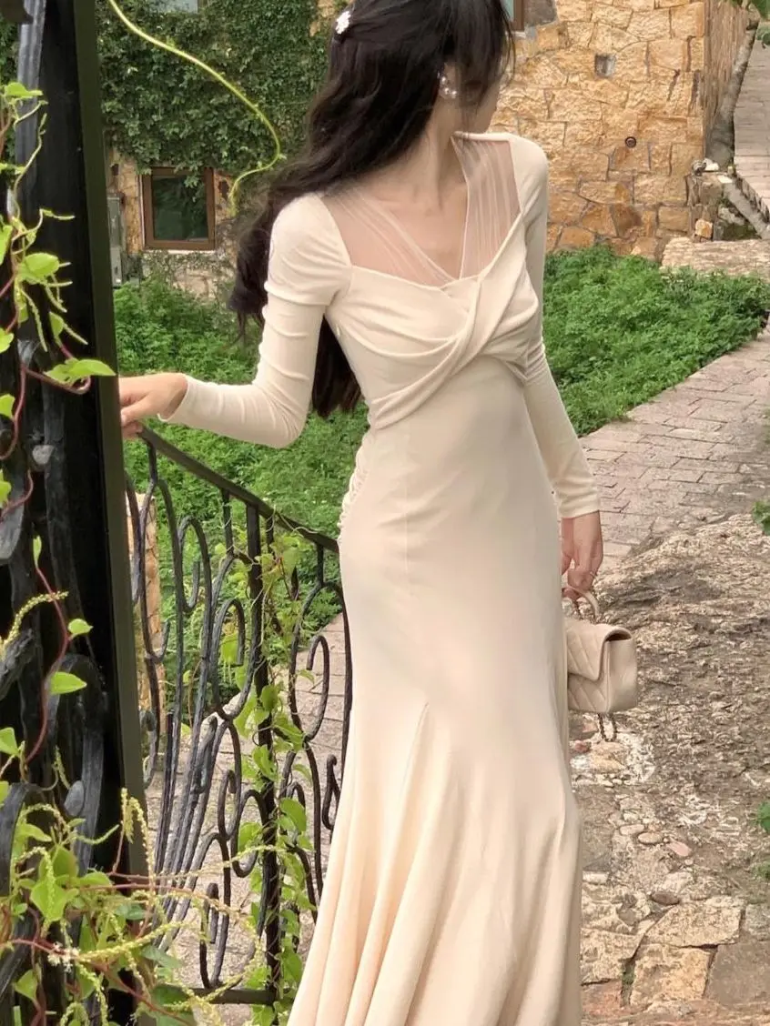 נשים אלגנטי רשת השמלה 2023 סתיו ארוך שרוול בציר מותניים צרים ערב מסיבת בת ים תלבושות אופנה האביב מוצק Mujers