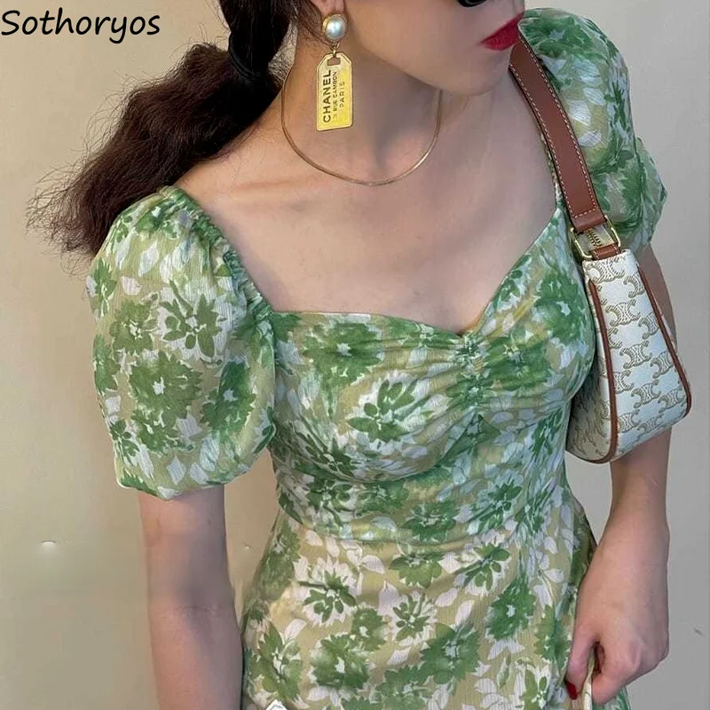 ירוק שרוול קצר שמלת נשים הדפסה Midi אופנה מזדמן כל-התאמה אלגנטי לאישה בסגנון קוריאני V-Harajuku הקיץ Vestidos