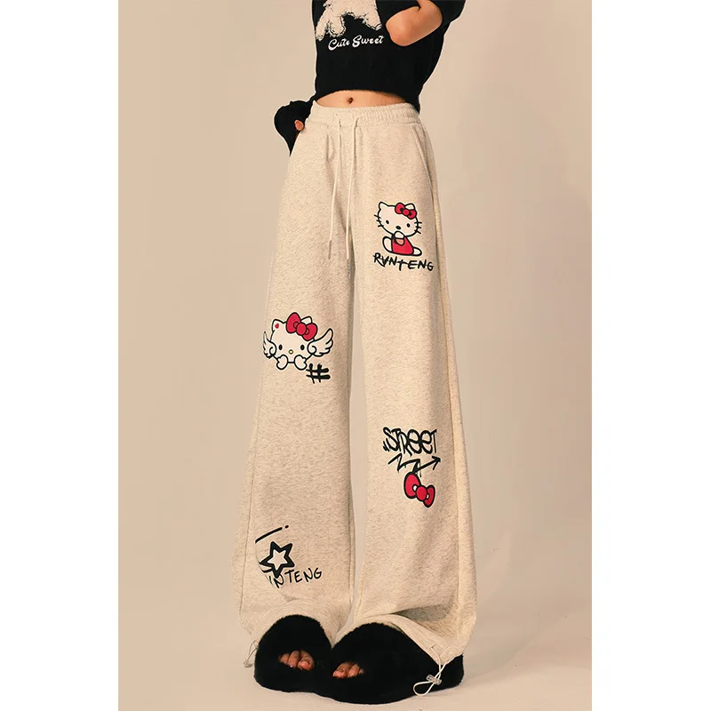 קריקטורה אנימה Sanrio הלו קיטי מכנסיים נשים סתיו חורף חדש בפלאש מעובה מכנסיים מזדמנים חמוד רחב הרגל המכנסיים מתנות