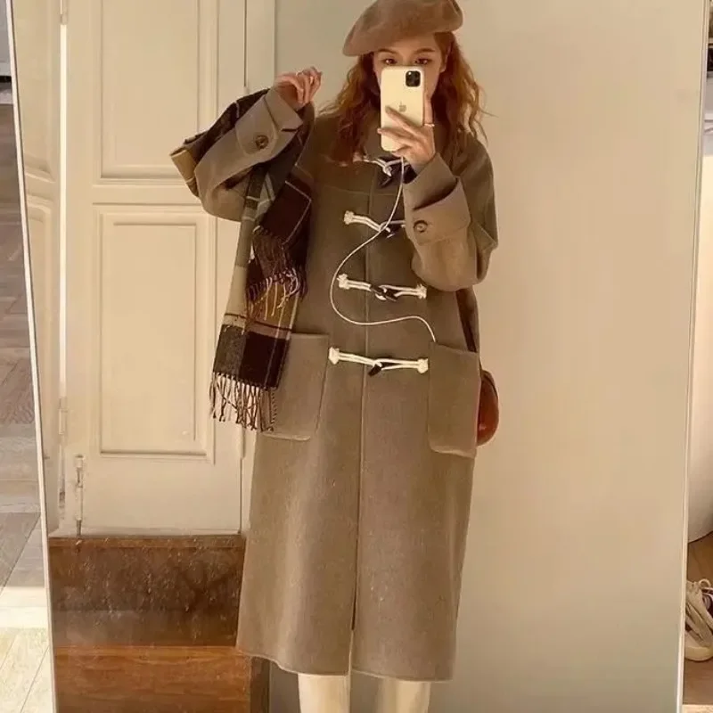 צמר מעיל נשים תלמיד קוריאני גרסה רופף אופנה שפרה הורן כפתור אמצע אורך מעובה נשים מעיל הסתיו והחורף