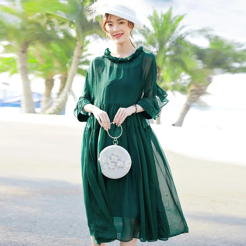 ירוק חדש שמלת הקיץ נשים בגדים רופפים קוריאנית אמצע אורך שמלות אלגנטיות לנשים O-צוואר קו A-Vestidos דה Mujer Zm3166