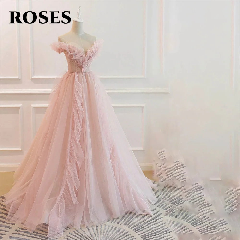 ורדים ורודים טול מקסים שמלת נשף שמלת קו רשמי שמלת חרוזים את כתף שמלת ערב מותאמת אישית בגודל vestidos דה נוצ ' ה.