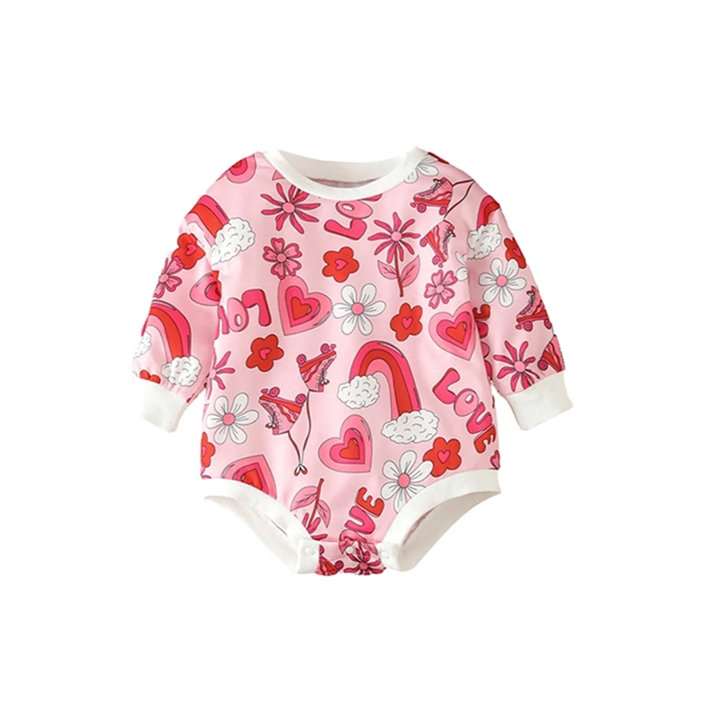 0-12M תינוקות תינוקת יום האהבה רומפר שרוול ארוך צוואר עגול לב פרחוני הדפסה בגד גוף היילוד תלבושת