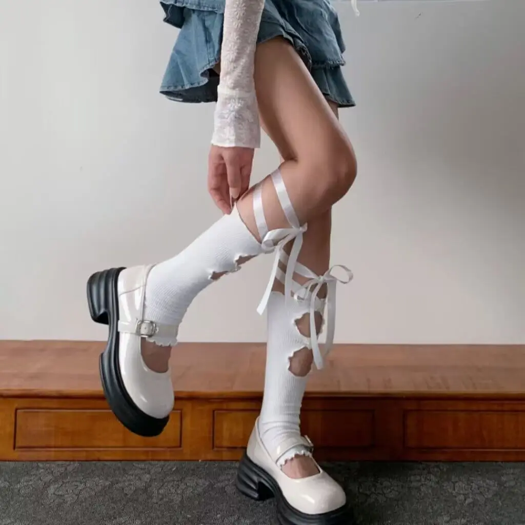 JK לחצות רצועה הרגל גרביים בקיץ קשת תחרה עגל גרב הבלט היפנית גרביים עגל גרביים נשים לוליטה גרב Y2K אביזרים