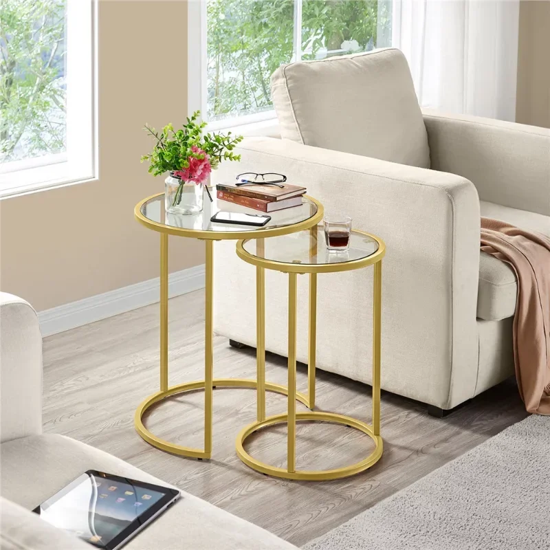 SmileMart ברזל עגול טבלאות מקוננות, זהב/ברור, סט של 2 שולחן קפה קטן שולחן סלון שולחן