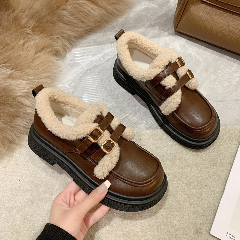 בסגנון בריטי קטן, נעלי עור הסטודנטיות חדש יפני משובח קטיפה חם כותנה נעלי בסתיו ובחורף 2023